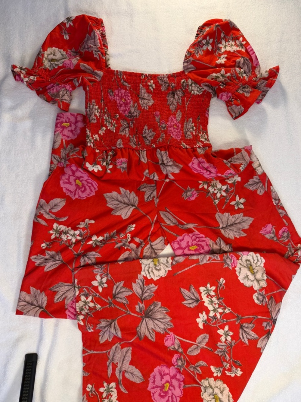 Red Floral Puff Sleeve Dress Smocked Square Neck Cottagecore Midi Boho